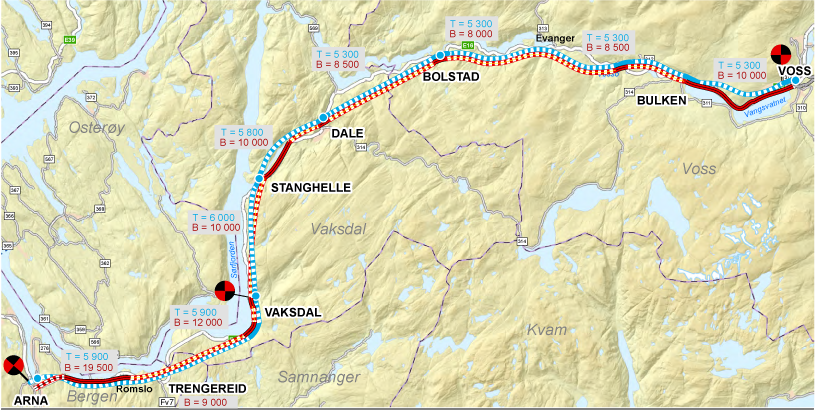Kart over strekninga Arna-Voss