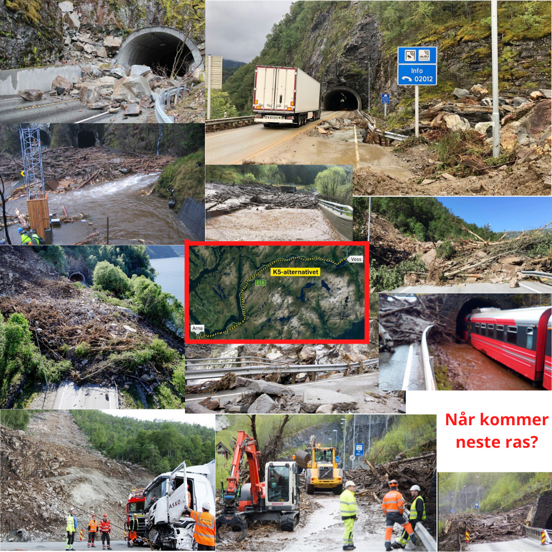 Kollasj av ras, tunnelar og vegstrekninga mellom Bergen og Voss